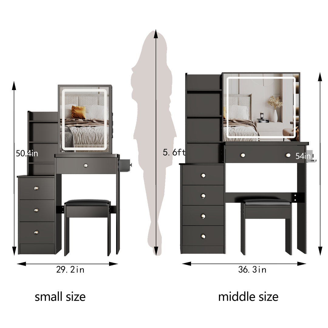 29.2" Compact Vanity Table with LED Mirror, Charging Station, Hair Dryer Holder, Stool