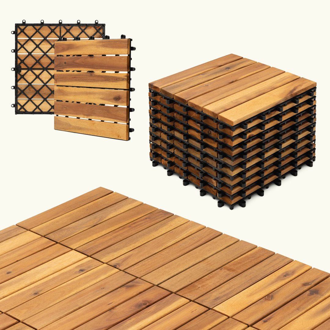 6-Slat Acacia Wood Deck Tiles | Natural Gold | Indoor & Outdoor | 12"x12" Interlocking