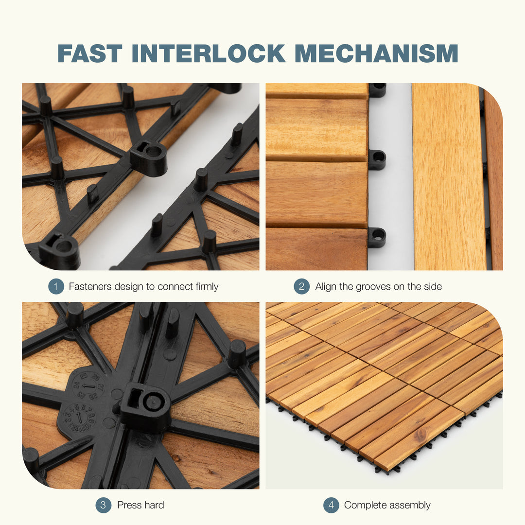 6-Slat Acacia Wood Deck Tiles | Natural Gold | Indoor & Outdoor | 12"x12" Interlocking