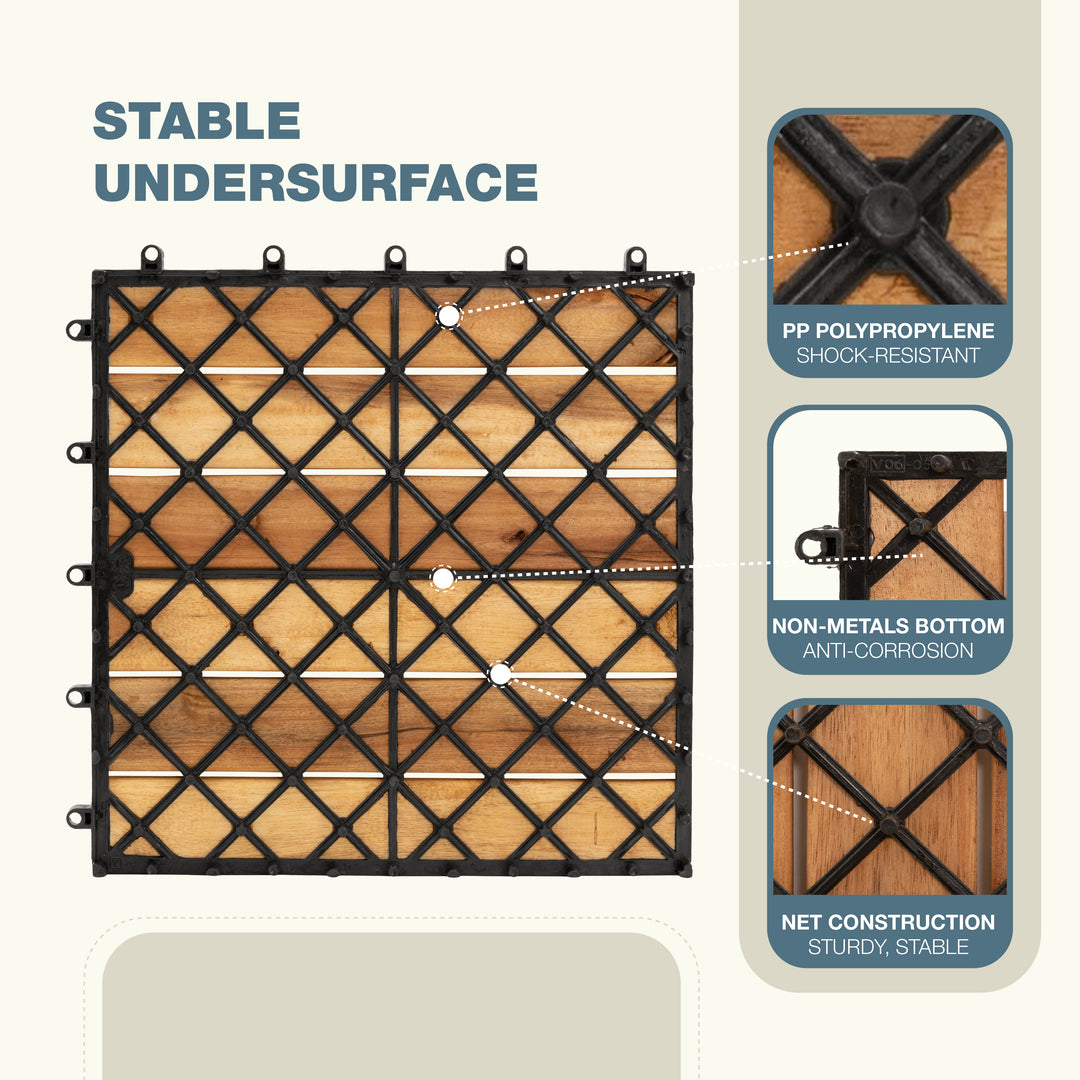 6-Slat Acacia Wood Deck Tiles | Natural Gold | Indoor & Outdoor | 12"x12" Interlocking