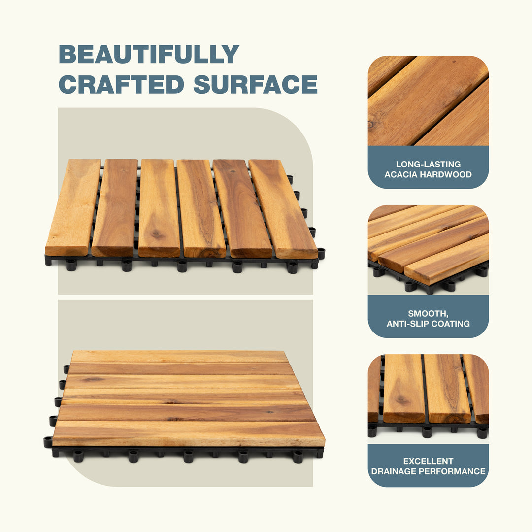 6-Slat Acacia Wood Deck Tiles | Natural Gold | Indoor & Outdoor | 12"x12" Interlocking