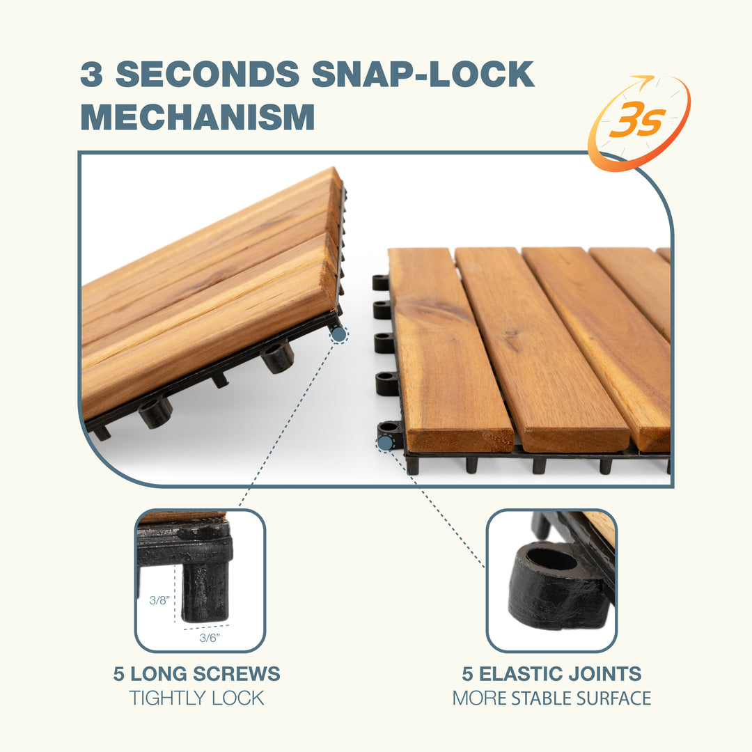6-Slat Acacia Wood Deck Tiles | Natural Gold | Indoor & Outdoor | 12"x12" Interlocking