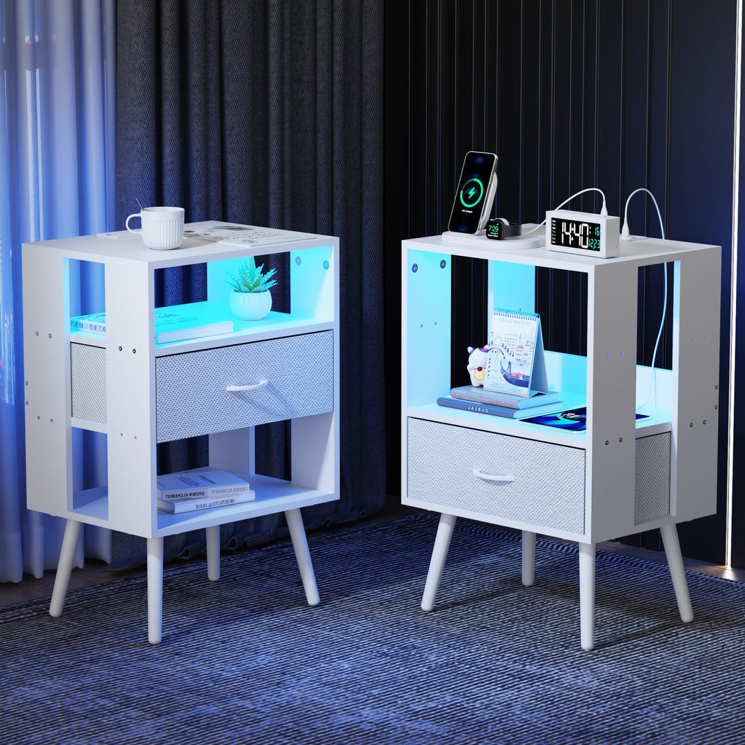 2-Pack Modern Nightstand with LED Light & Charging Station