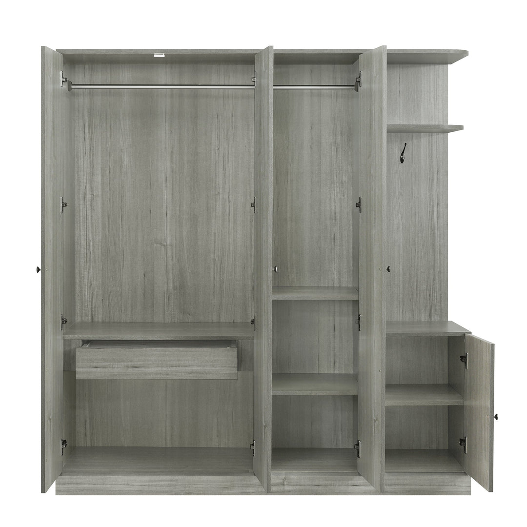 4-Door Gray Wardrobe with Mirror, Shelves, Drawer, and Shoe Storage