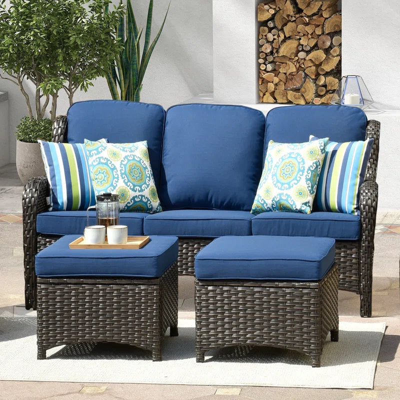 Peridot 72.83" Outdoor Patio Sofa – 3-Piece Wicker Conversation Seating with Washable Cushions