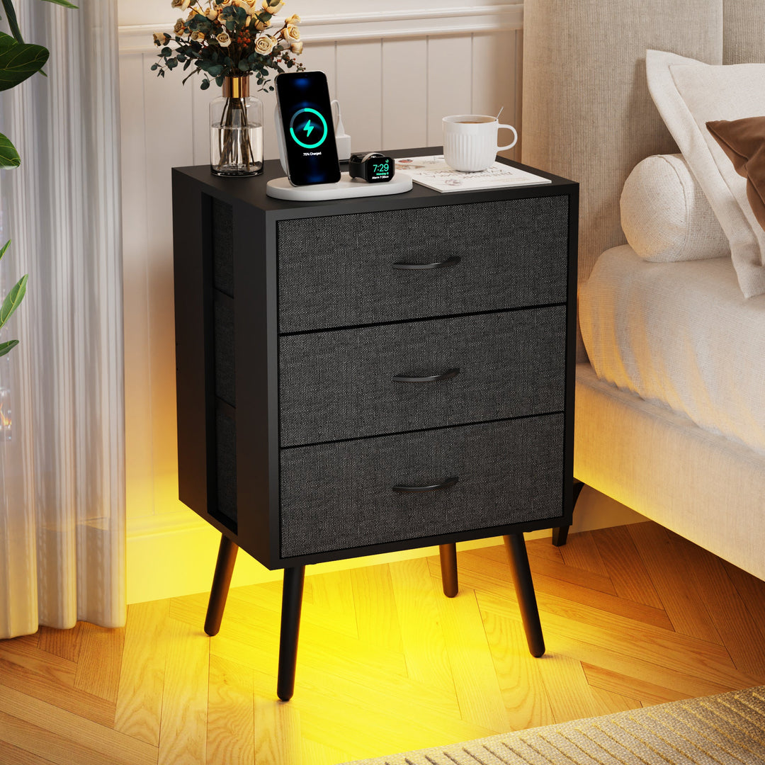 2-Pack Modern Black Nightstands with Charging Station, LED Lights, Fabric Drawers