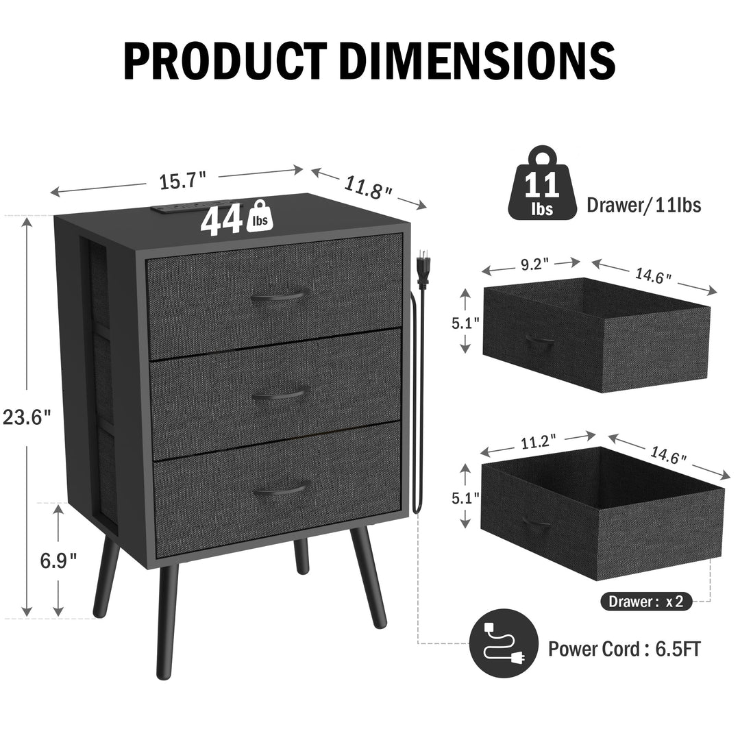 2-Pack Modern Black Nightstands with Charging Station, LED Lights, Fabric Drawers