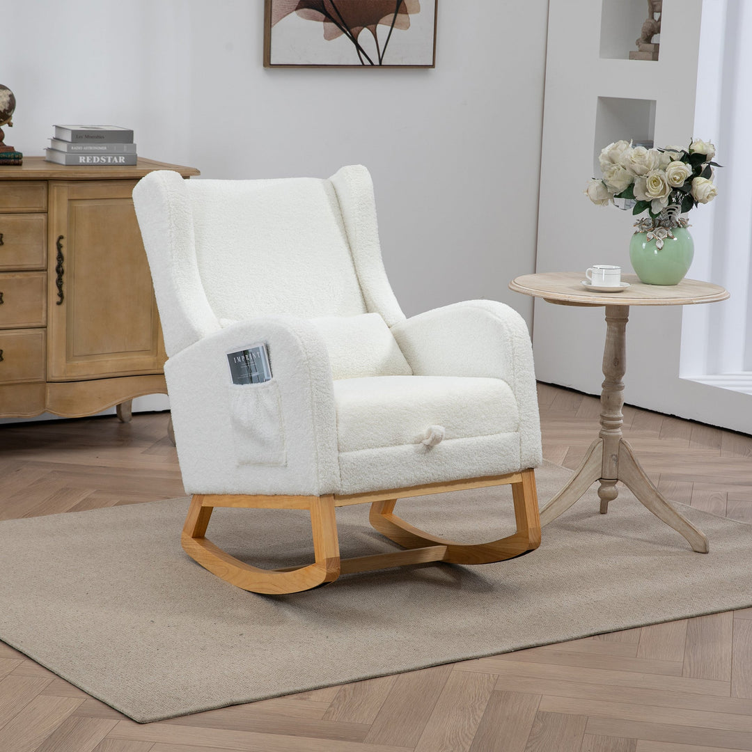 25.4" Ivory Nursery Rocking Chair with Footrest, Side Pocket