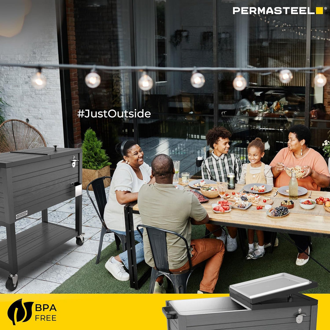 Permasteel 80-Quart Rolling Patio Cooler – Gray Wood Grain Outdoor Beverage Cart with Locking Wheels & Insulated Ice Chest
