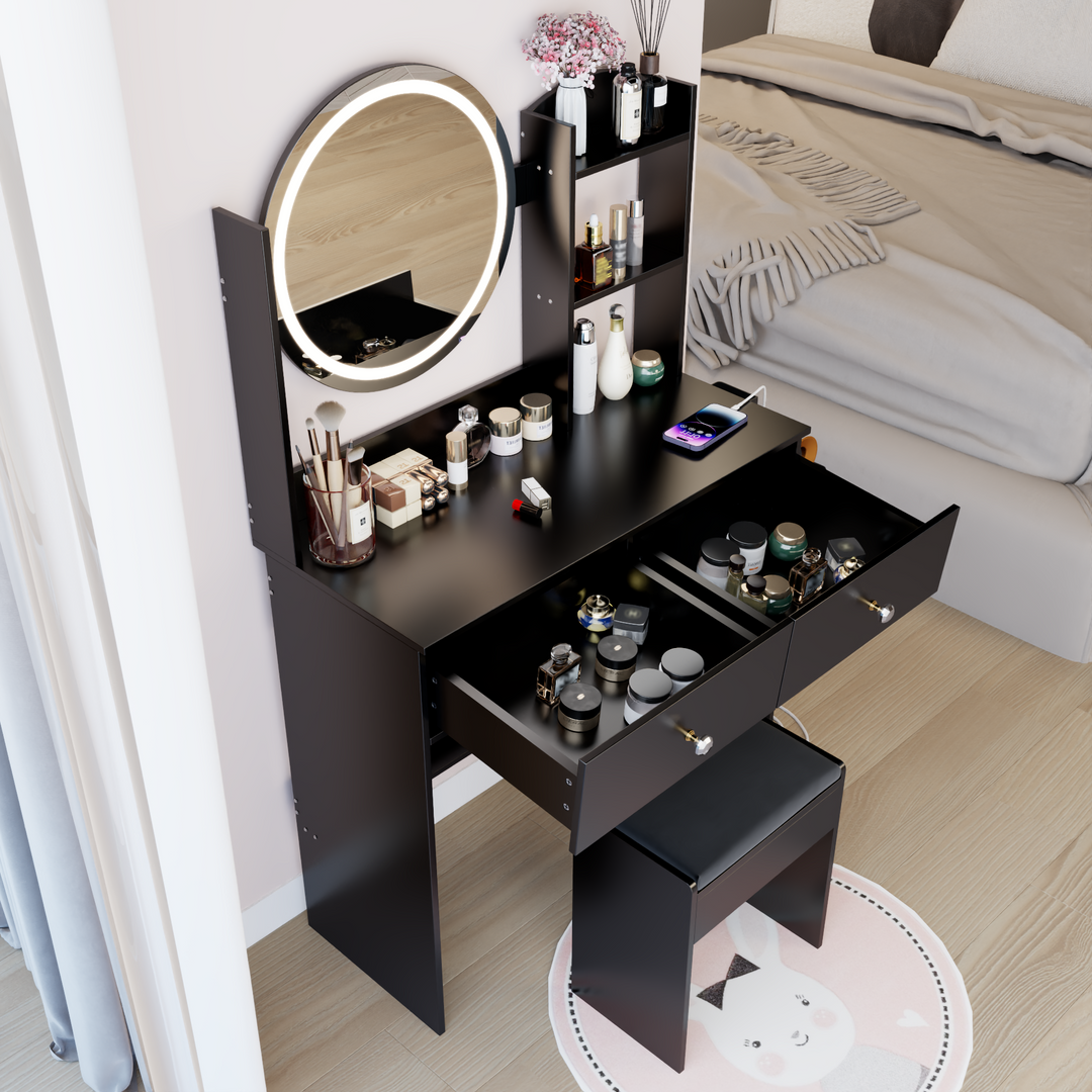 31.5" Black Vanity Table with LED Mirror, Charging Station, Stool