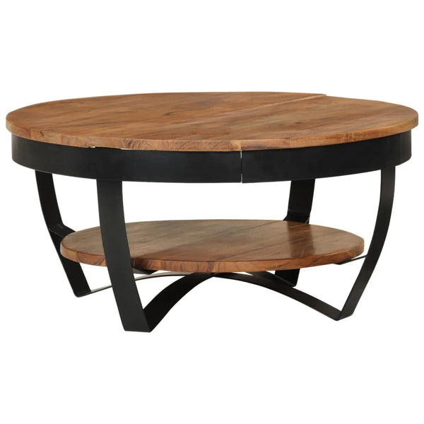 25.6" Solid Acacia Wood Coffee Table with Shelf – Industrial Style with Powder-Coated Steel Base