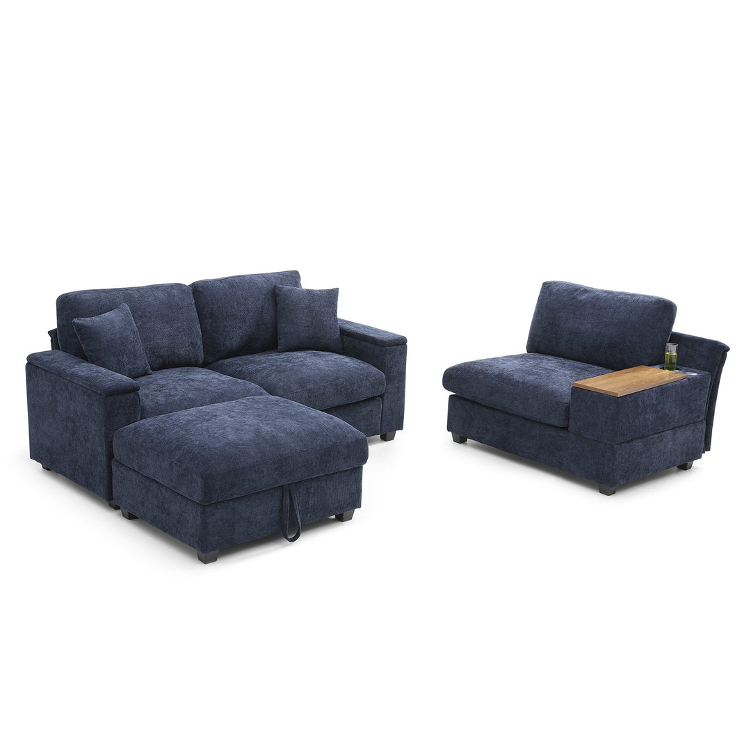 120.3" Dark Blue L-Shaped Sectional Sofa with Table, USB, Ottoman