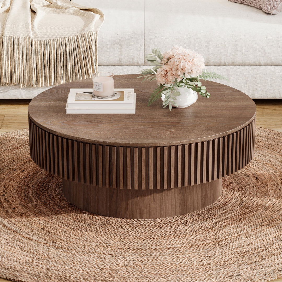 31.5" Round Walnut Coffee Table with Hidden Storage, Modern Mushroom Design