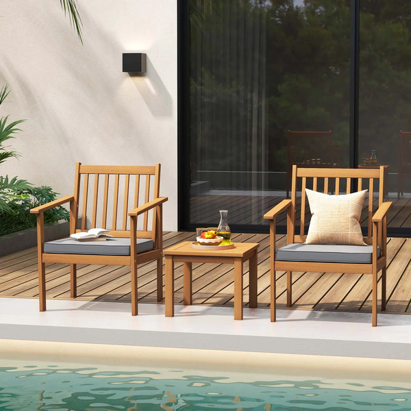 3-Piece Acacia Wood Outdoor Patio Set | Natural Finish with Gray Cushions