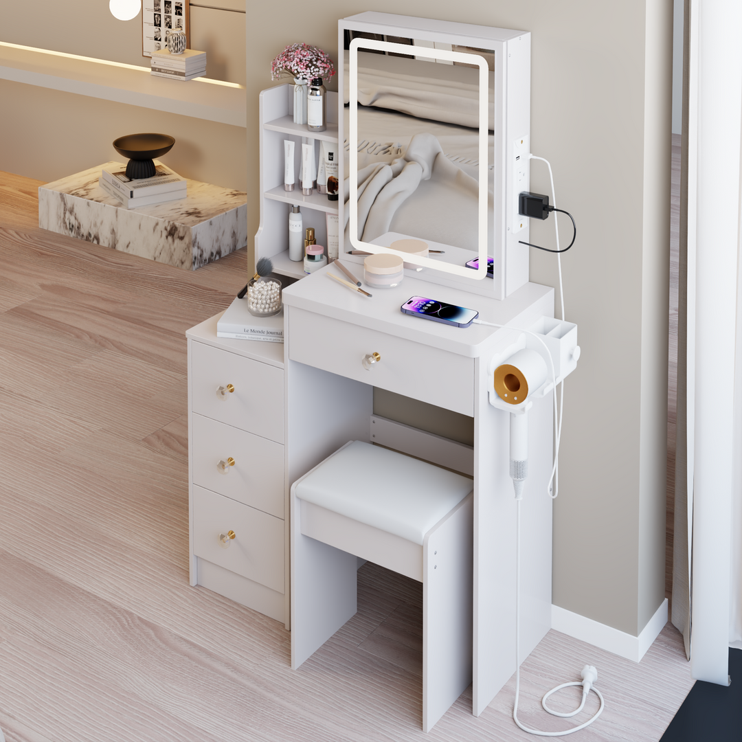 29.2" Compact White Vanity Table with LED Mirror, Charging Station, Stool