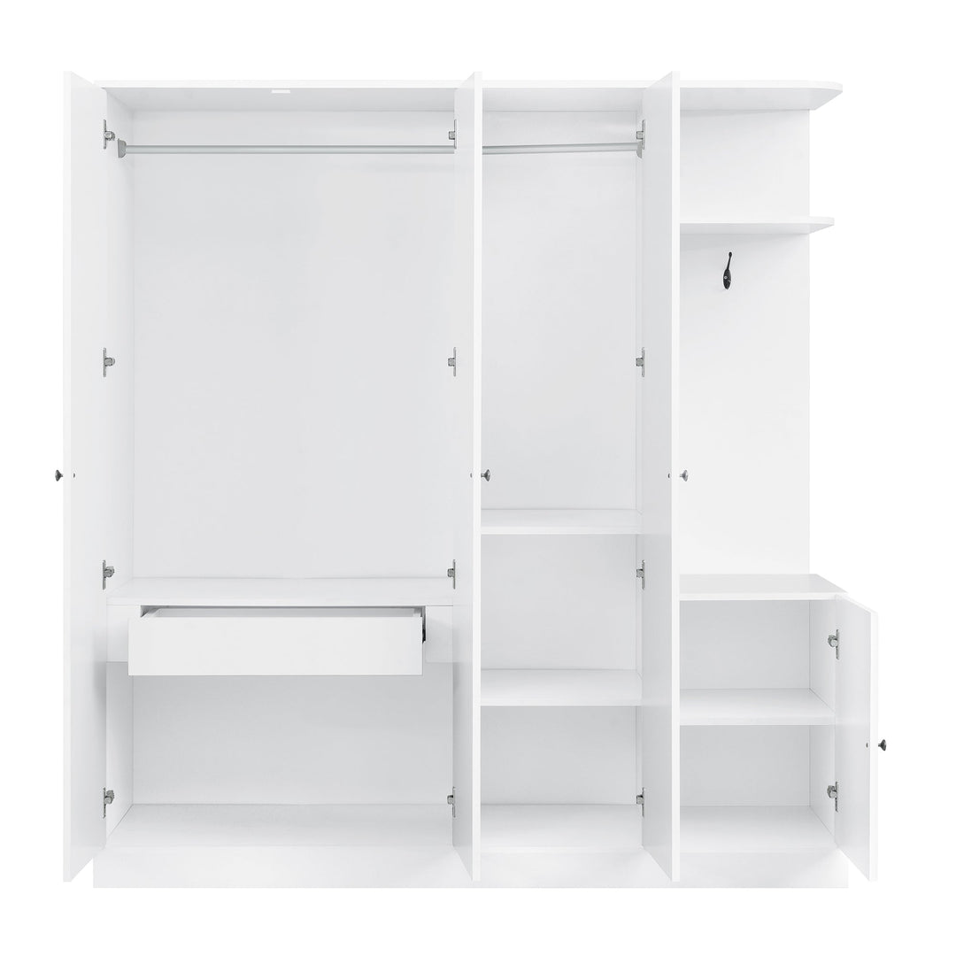 4-Door White Wardrobe with Mirror, Shelves, Drawer, Shoe Storage