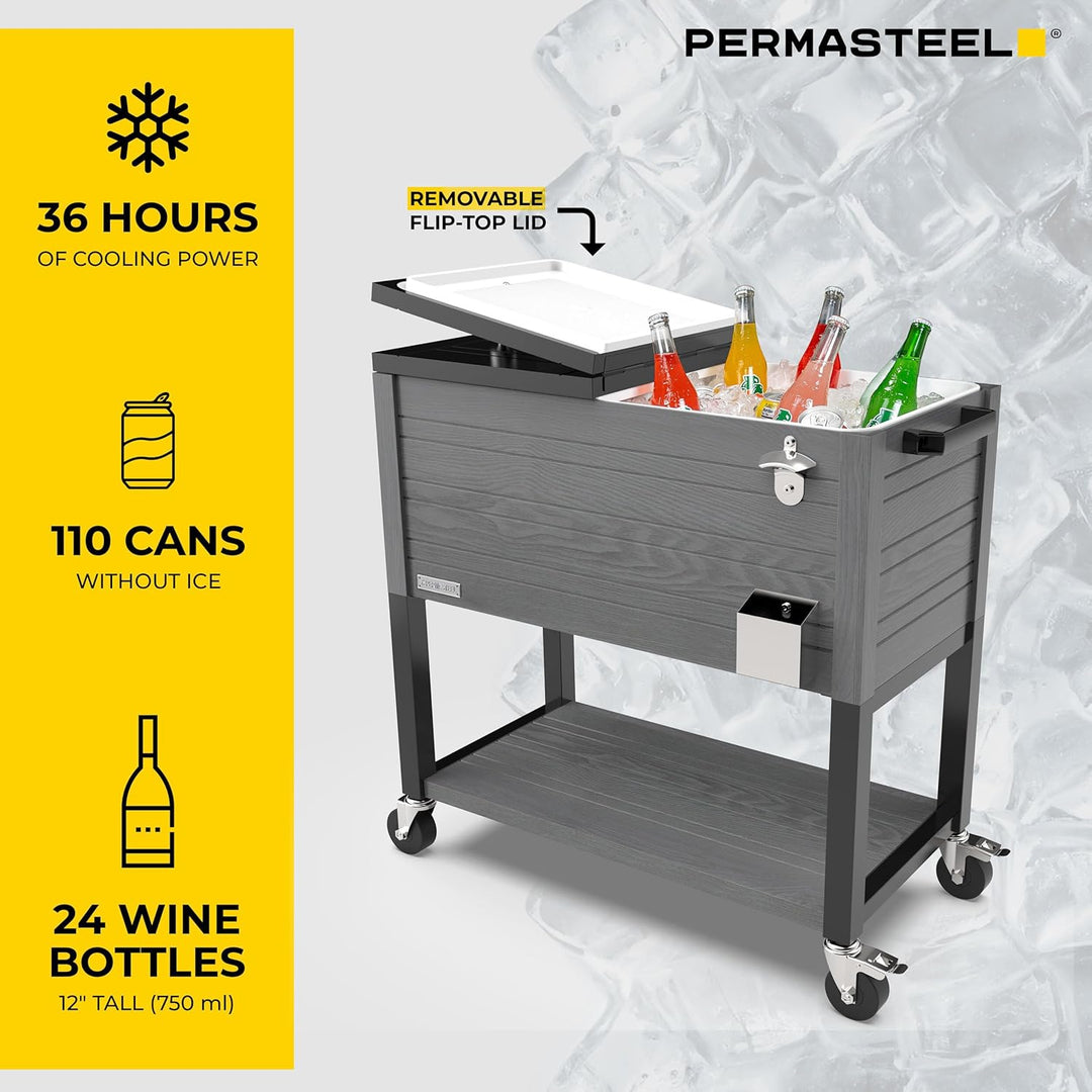 Permasteel 80-Quart Rolling Patio Cooler – Gray Wood Grain Outdoor Beverage Cart with Locking Wheels & Insulated Ice Chest