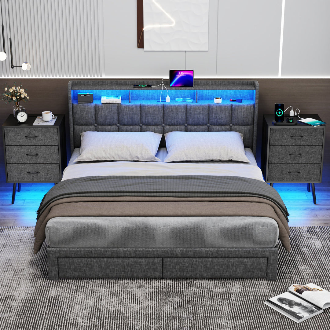 2-Pack Modern Black Nightstands with Charging Station, LED Lights, Fabric Drawers