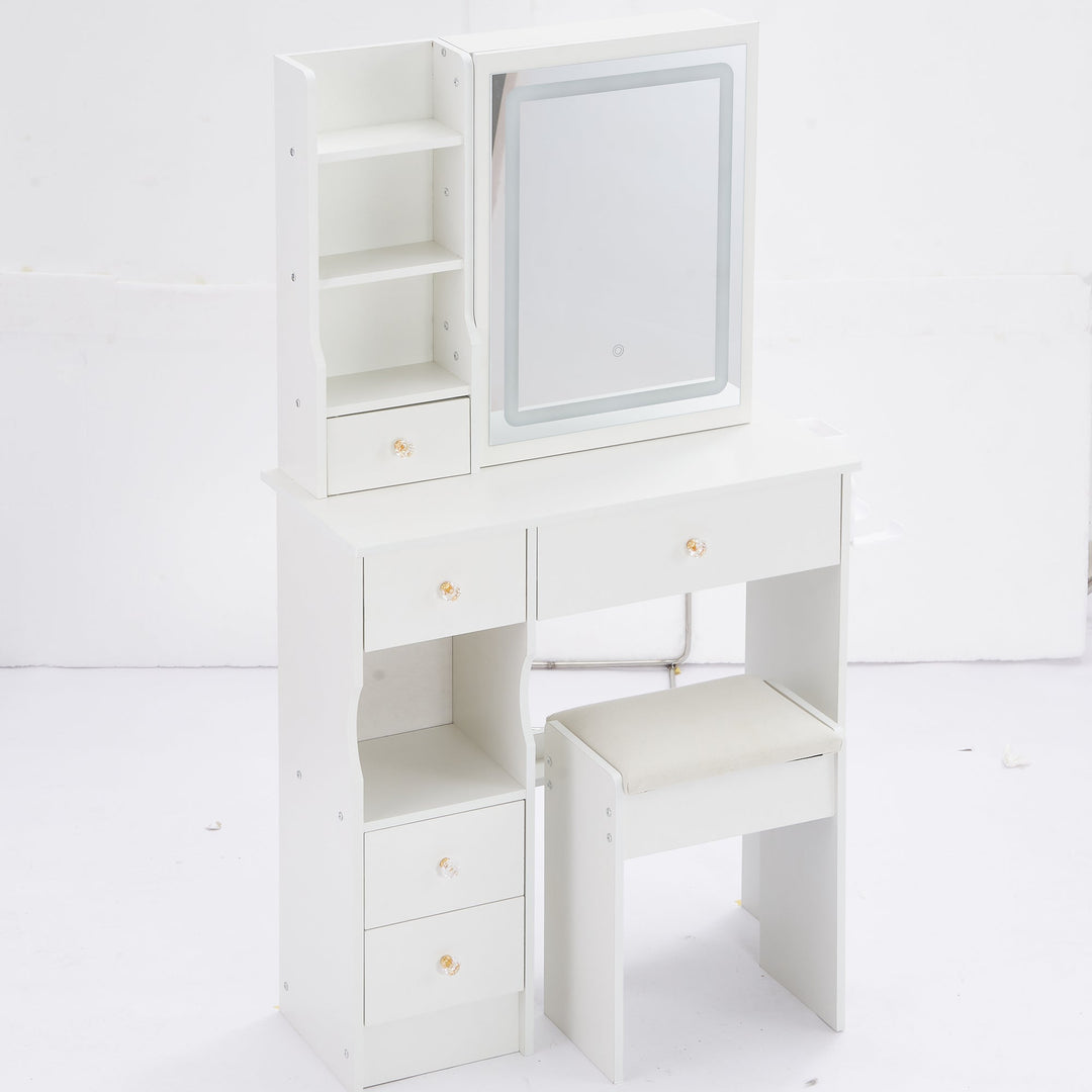 29.2" White Compact Vanity Table with LED Mirror, Charging Station, Stool