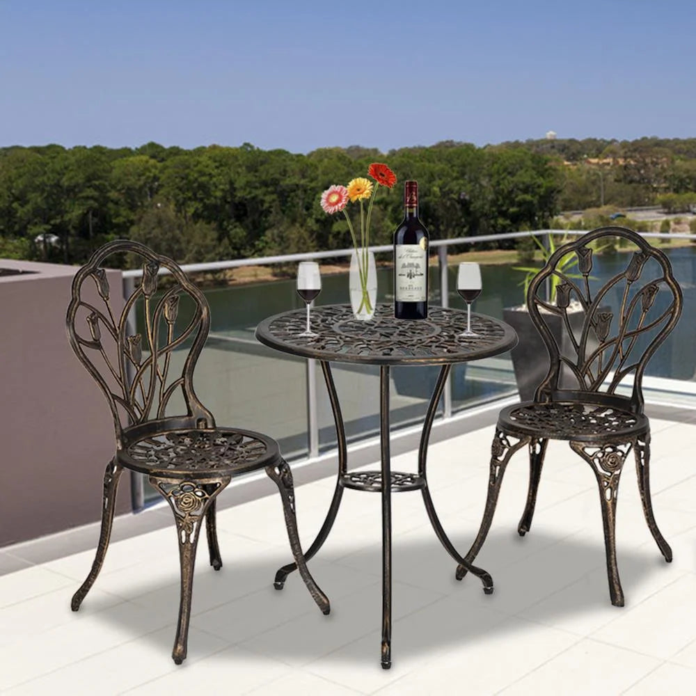 Tulip Cast Iron 3-Piece Patio Bistro Set – Bronze Outdoor Table & Chair Set