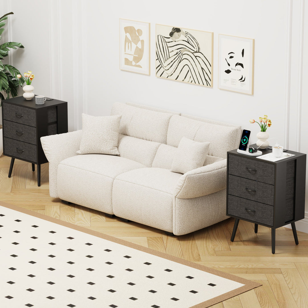 2-Pack Modern Black Nightstands with Charging Station, LED Lights, Fabric Drawers