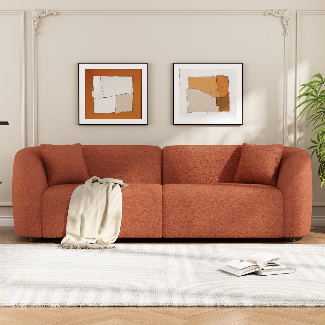 87" Orange Curved Bouclé Sofa, Modern 3-Seater