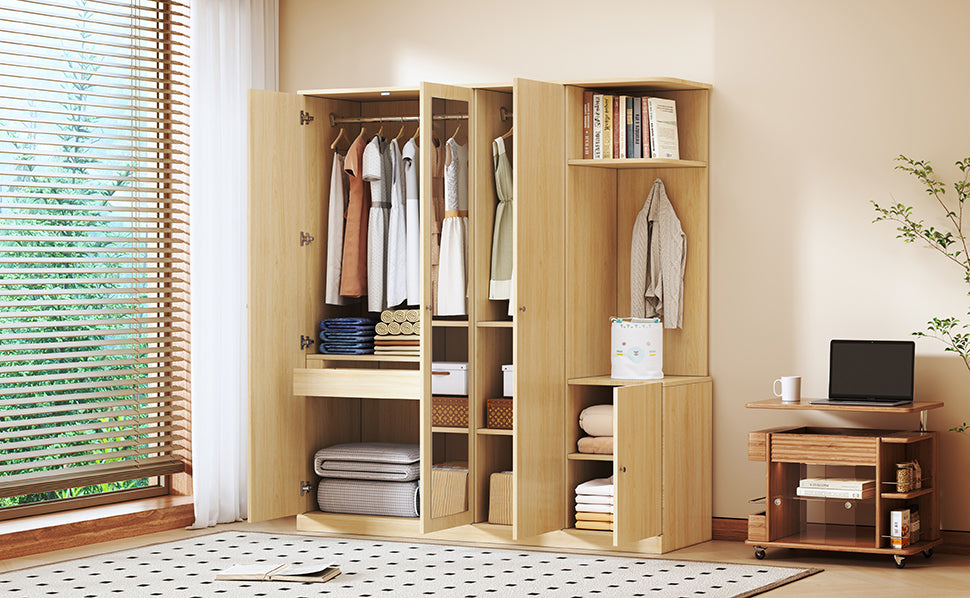 4-Door Natural Wood Wardrobe with Mirror, Shelves, Drawer