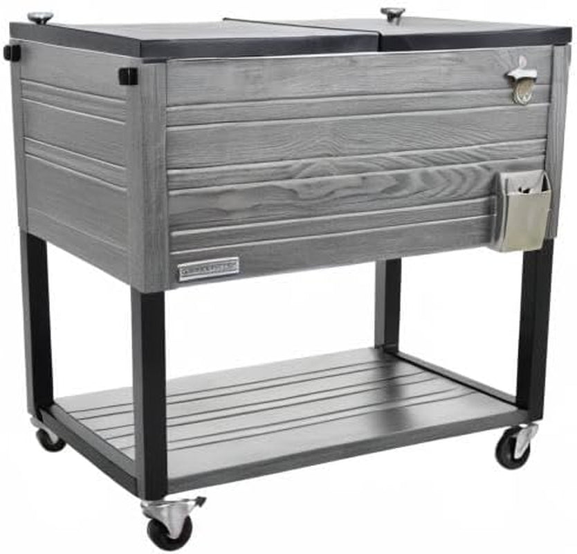 Permasteel 80-Quart Rolling Patio Cooler – Gray Wood Grain Outdoor Beverage Cart with Locking Wheels & Insulated Ice Chest