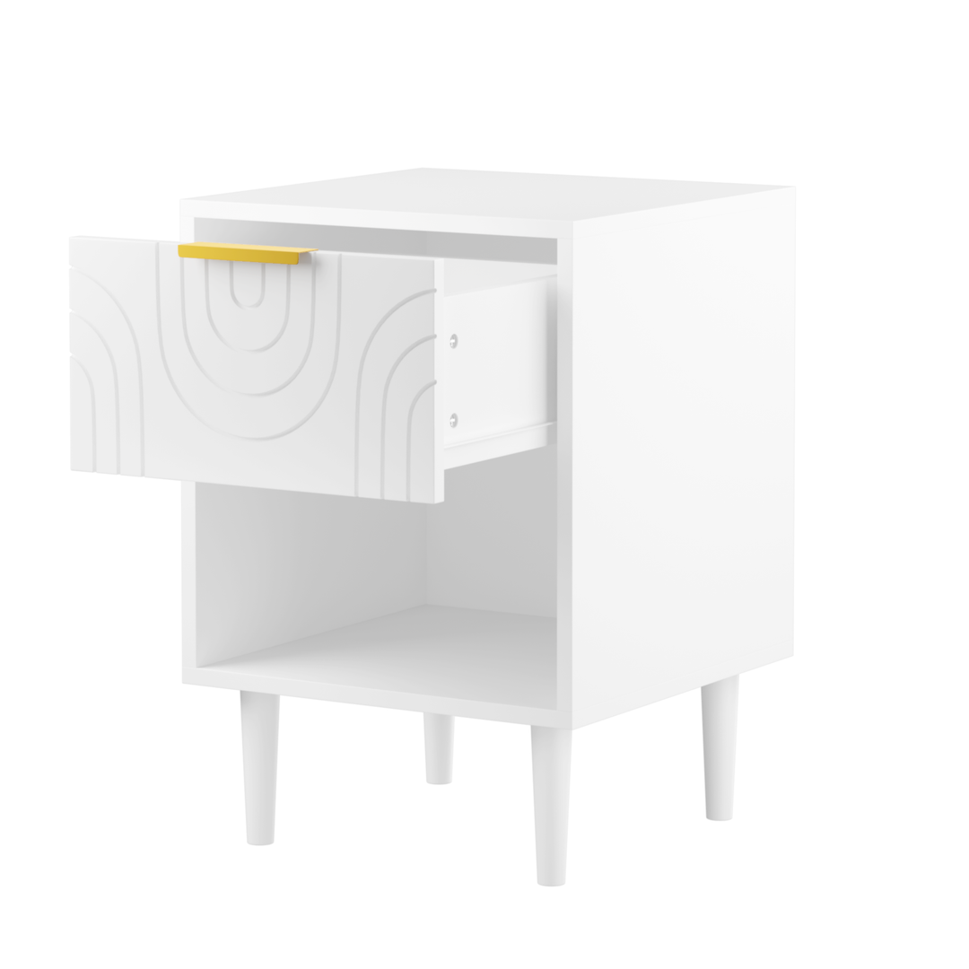 22.8" White Modern Nightstand with Drawer, Gold Accent
