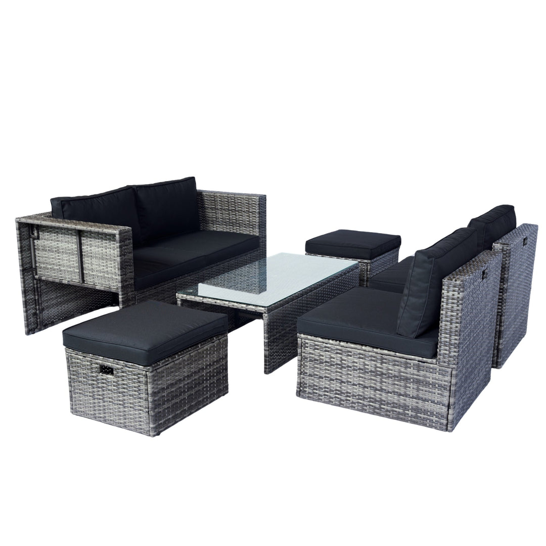 6-Piece Grey Wicker Patio Sectional Set with Black Cushions