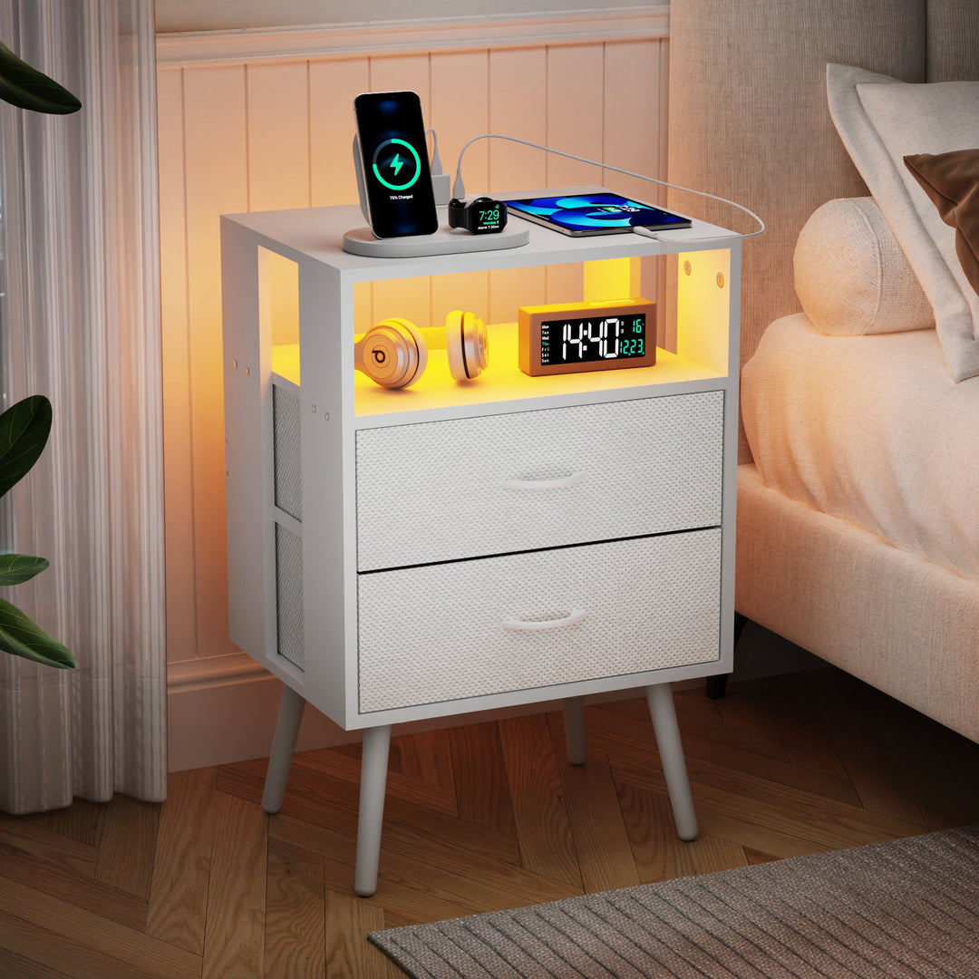 2-Pack White Modern Nightstands with Charging Station, LED Lights