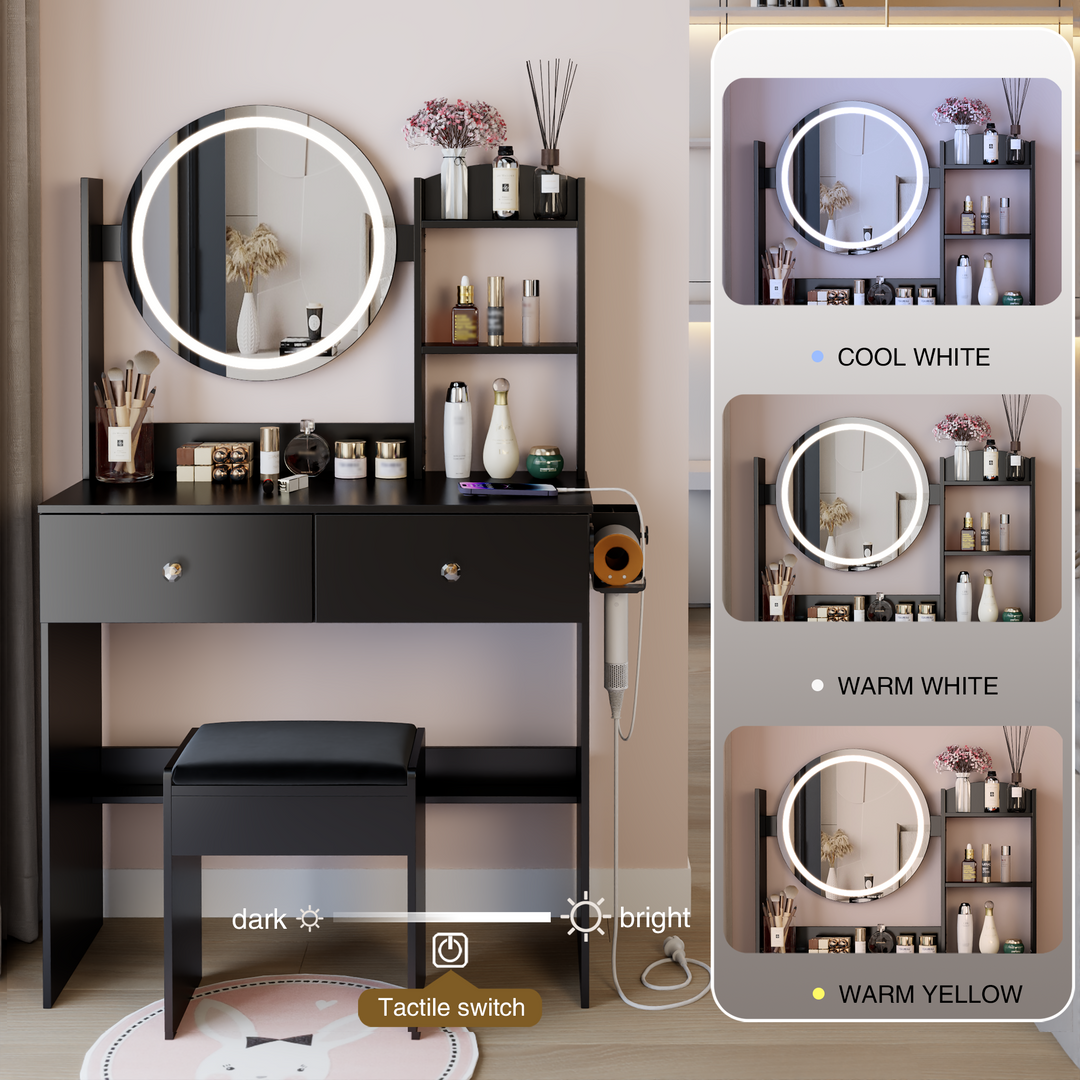 31.5" Black Vanity Table with LED Mirror, Charging Station, Stool