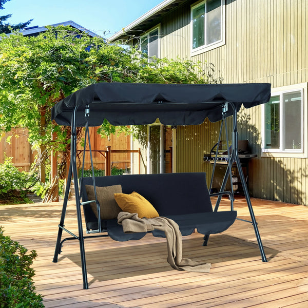 3-Seat Outdoor Patio Swing Chair with Cushions & Adjustable Canopy – Black Steel Frame