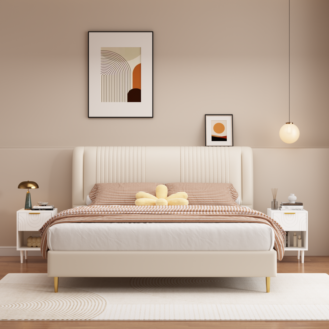 22.8" White Modern Nightstand with Drawer, Gold Accent