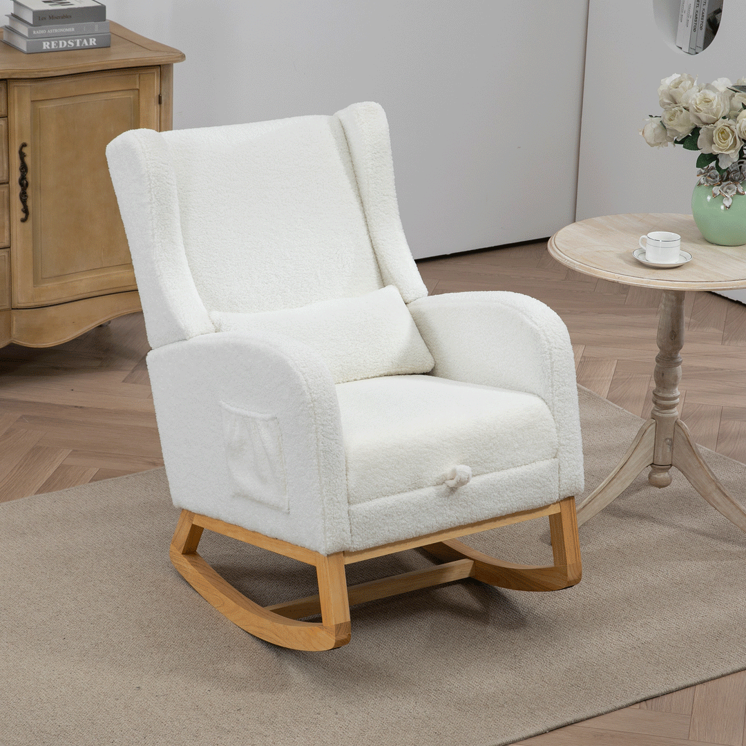 25.4" Ivory Nursery Rocking Chair with Footrest, Side Pocket
