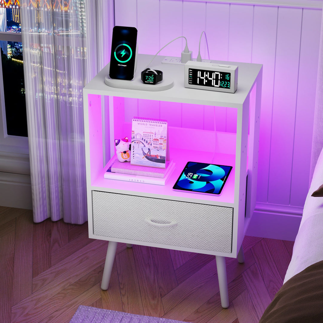 2-Pack Modern Nightstand with LED Light & Charging Station