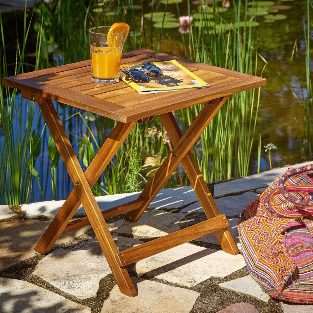 18" Outdoor Folding Acacia Wood Side Table – Compact Coffee or End Table for Patio, Garden, or Campsite