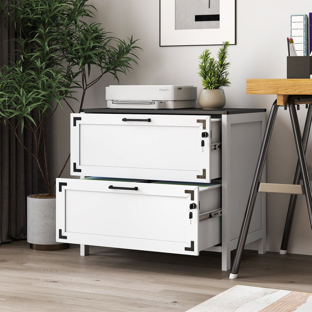 2-Drawer White Farmhouse File Cabinet with Lock