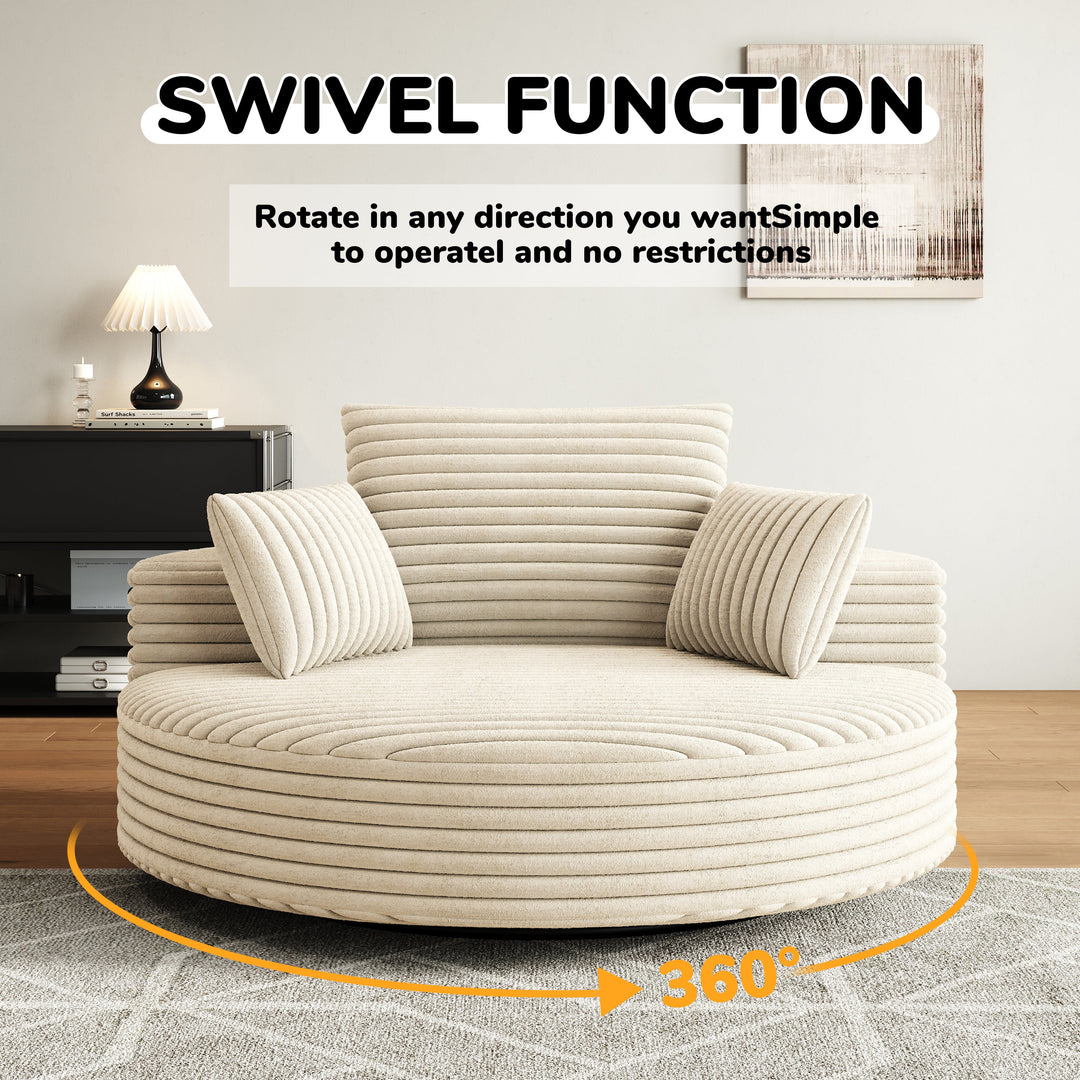 55" Beige Corduroy Swivel Chair with Neck Pillow