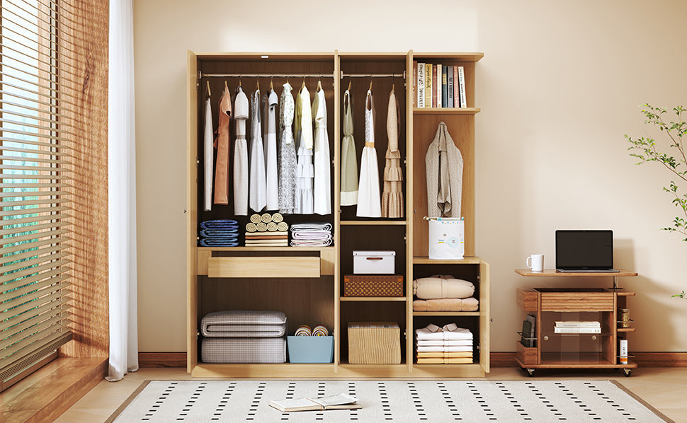 4-Door Natural Wood Wardrobe with Mirror, Shelves, Drawer