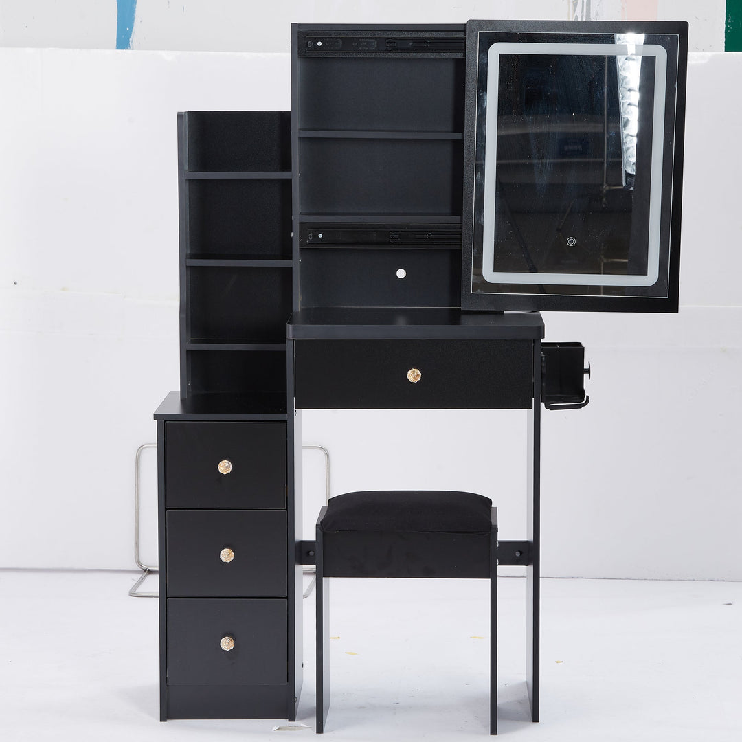 29.2" Compact Vanity Table with LED Mirror, Charging Station, Hair Dryer Holder, Stool