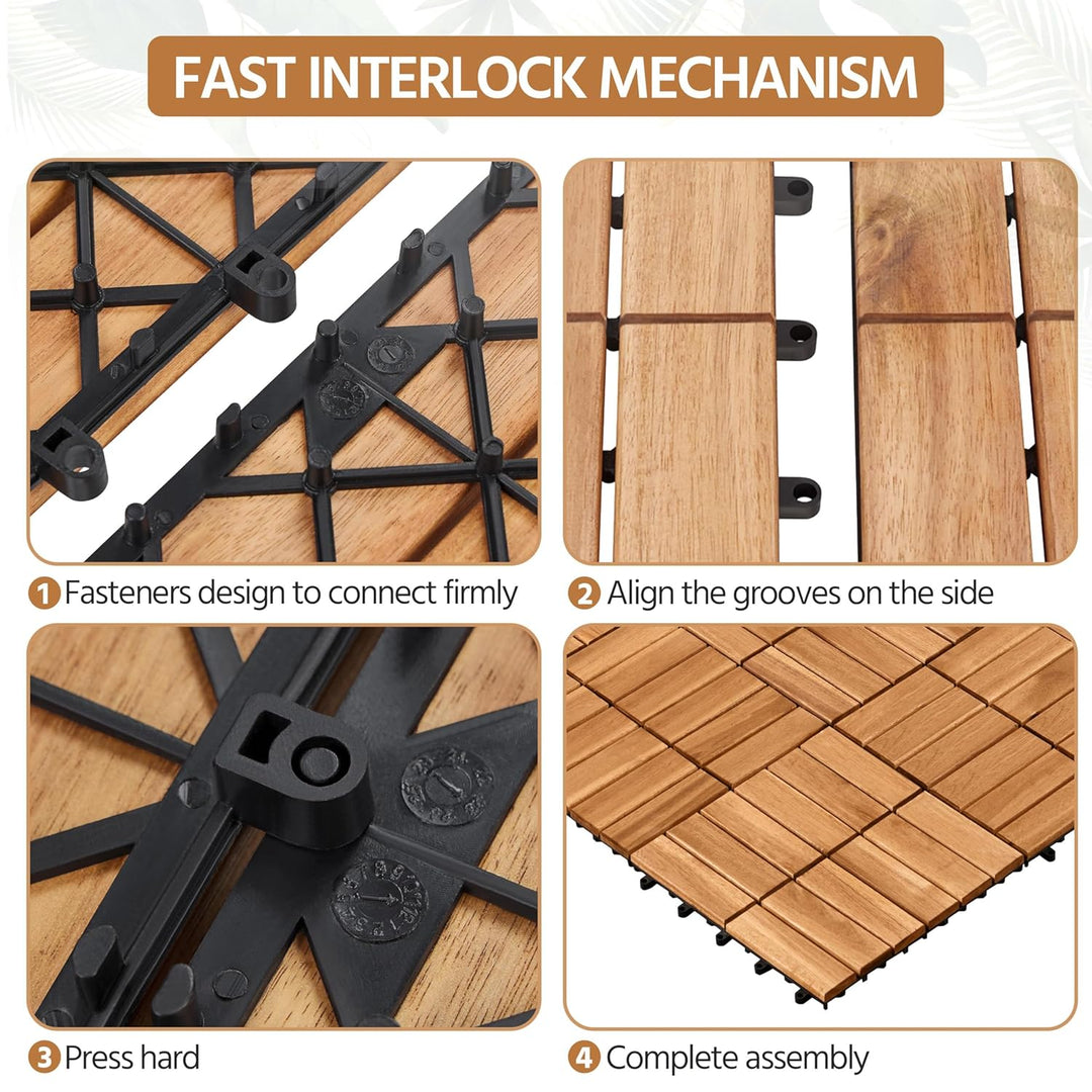 108pcs Acacia Wood Interlocking Deck Tiles – Weatherproof Flooring, 111.6 Sq Ft Coverage