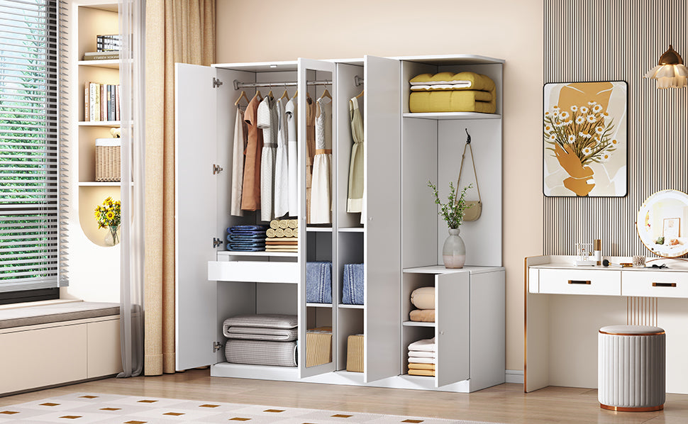 4-Door White Wardrobe with Mirror, Shelves, Drawer, Shoe Storage