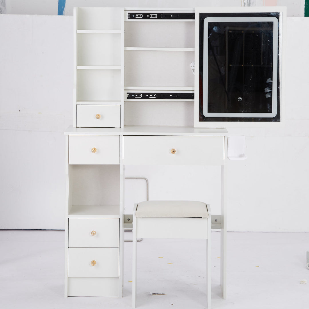 29.2" White Compact Vanity Table with LED Mirror, Charging Station, Stool