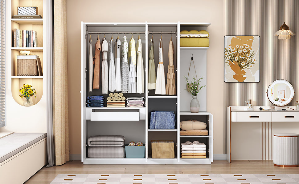 4-Door White Wardrobe with Mirror, Shelves, Drawer, Shoe Storage