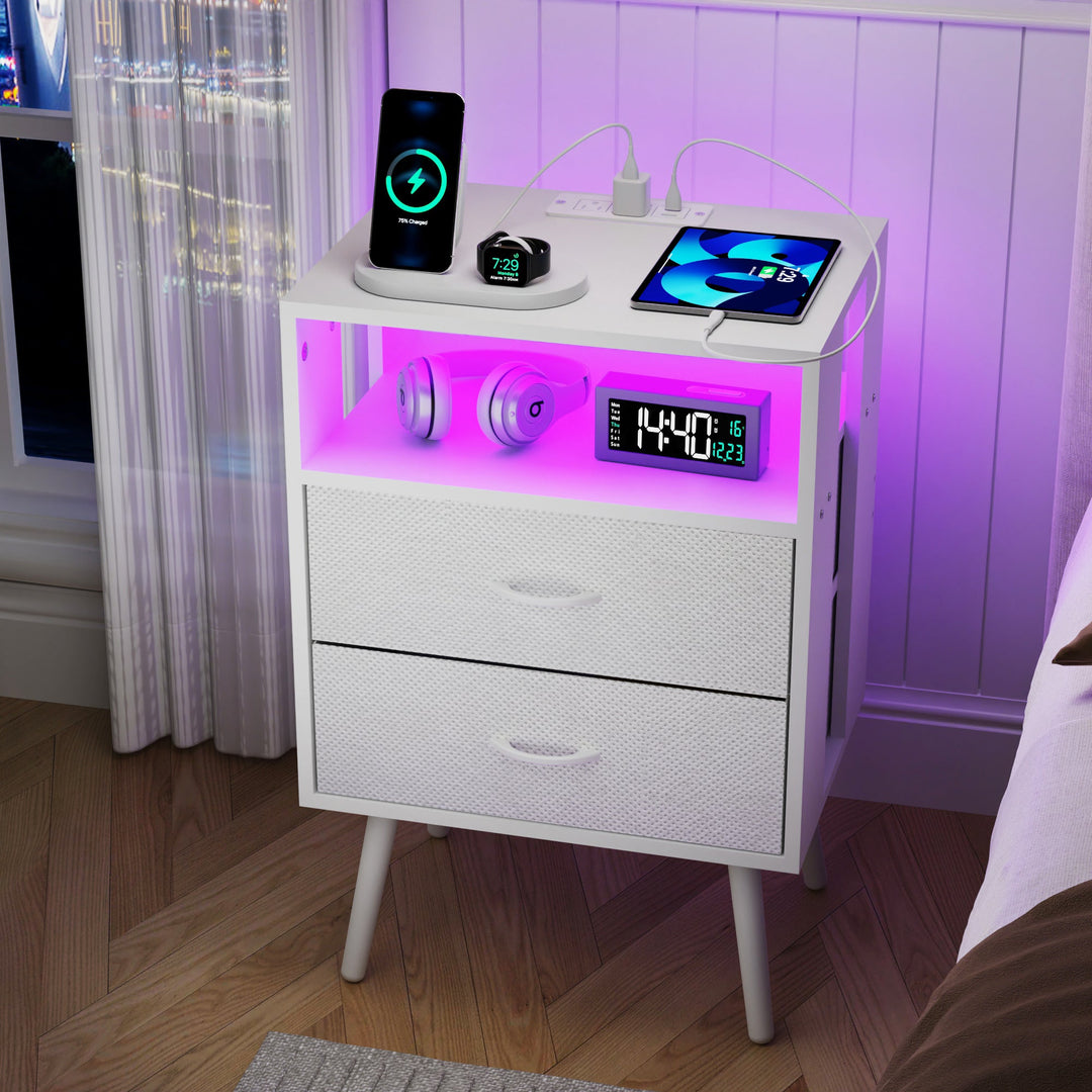 2-Pack White Modern Nightstands with Charging Station, LED Lights