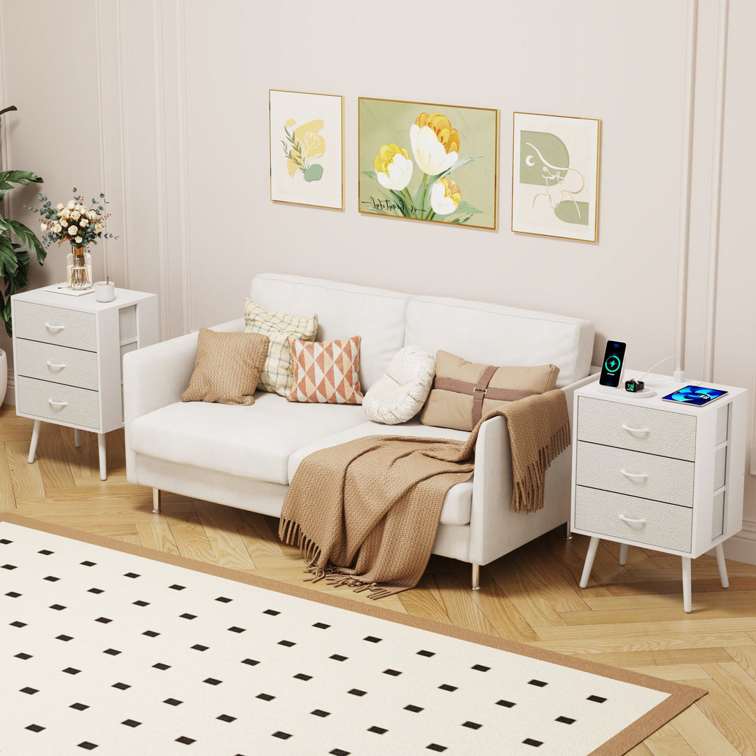 2-Pack Modern White Nightstands with Charging Station, LED Lights, Fabric Drawers