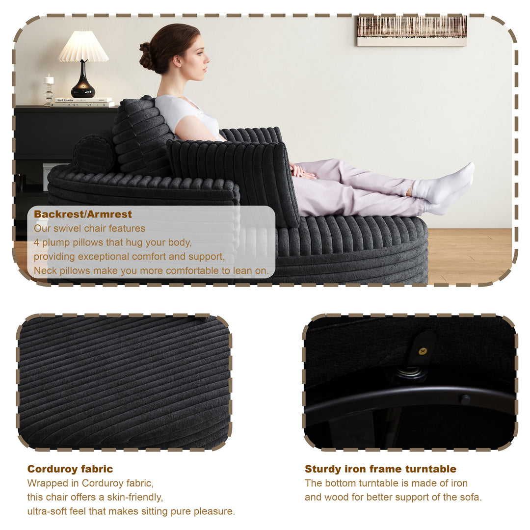 55" Corduroy Foam Swivel Chair, Modern Sleeper, Black
