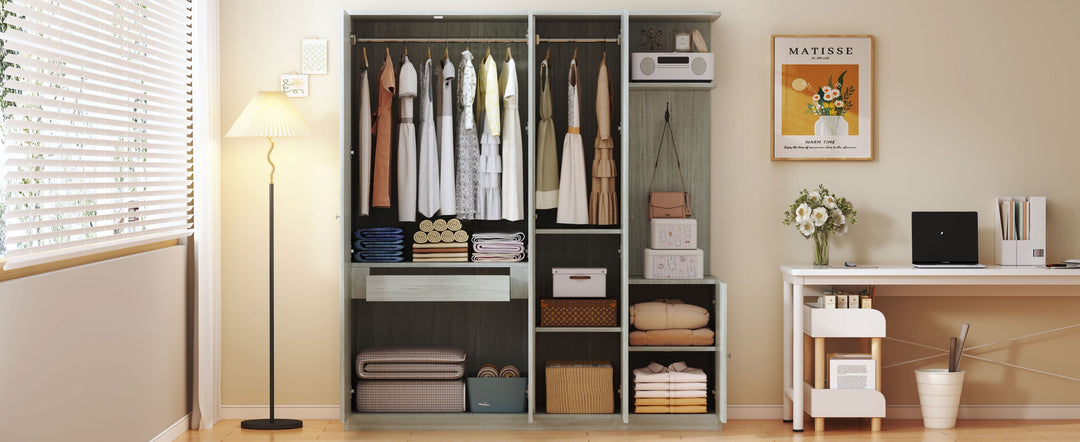4-Door Gray Wardrobe with Mirror, Shelves, Drawer, and Shoe Storage