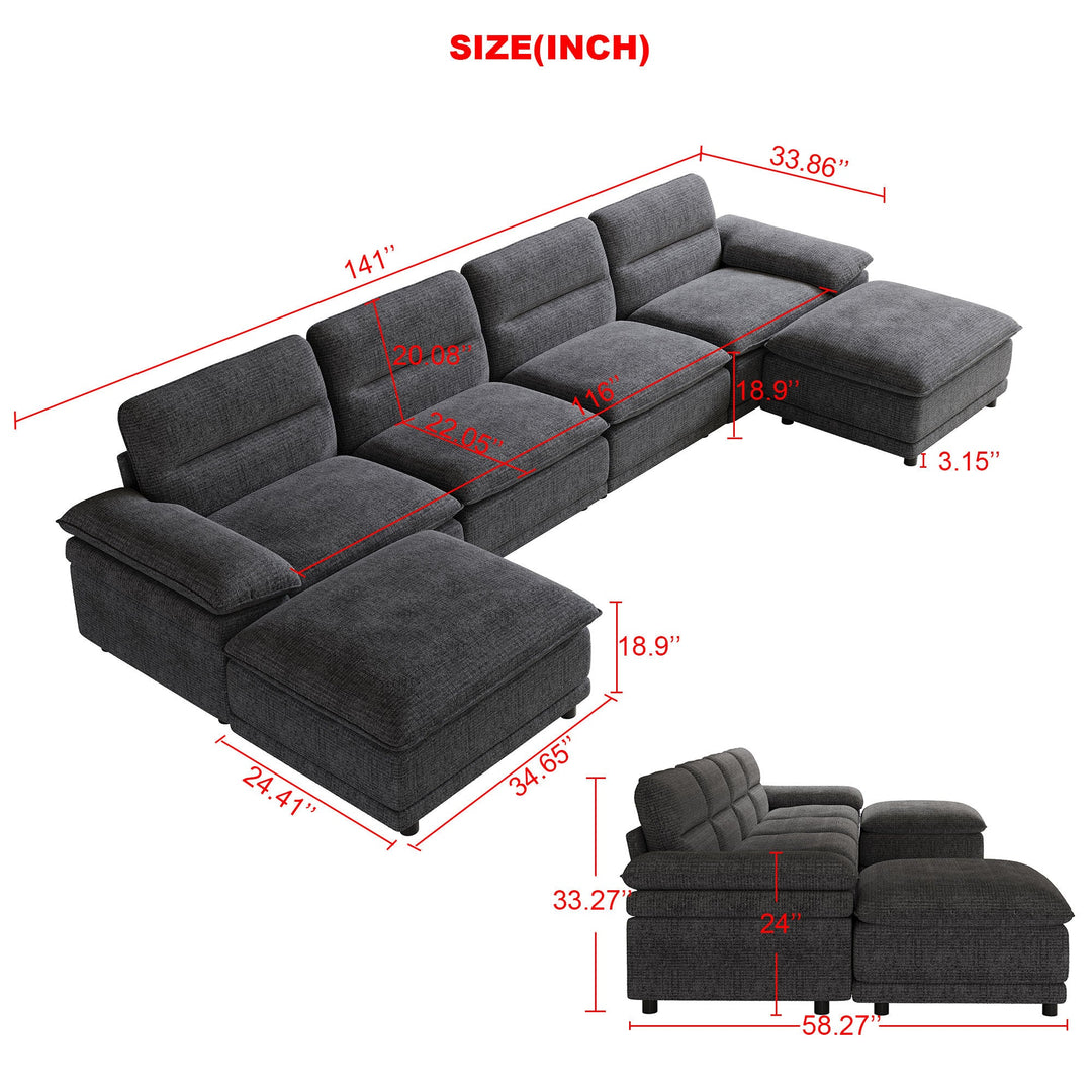 141" Dark Grey U-Shaped Sectional Sofa with Chaise, 6-Seat